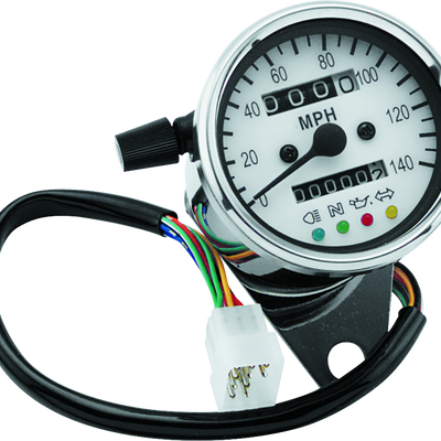 Bikers Choice 2.5 Inch Chrome 2:1 Universal Mini Speedo w LED Indicators White Face 140 Mph