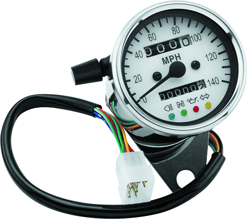 Bikers Choice 2.5 Inch Chrome 2:1 Universal Mini Speedo w LED Indicators White Face 140 Mph Bikers Choice 2.5 Inch Chrome 2:1 Universal Mini Speedo w LED Indicators White Face 140 Mph