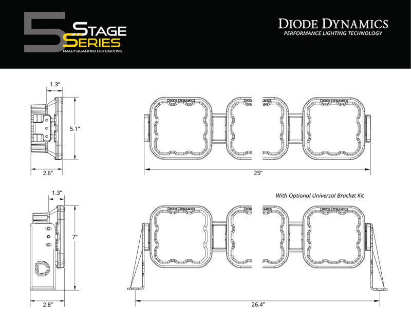 Diode Dynamics SS5 Sport Universal CrossLink 4-Pod Lightbar - Yellow Combo Diode Dynamics SS5 Sport Universal CrossLink 4-Pod Lightbar - Yellow Combo