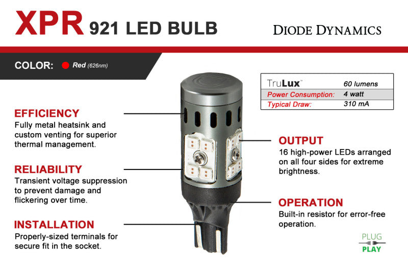 Diode Dynamics 921 XPR LED Bulb - Red (Single) Diode Dynamics 921 XPR LED Bulb - Red (Single)