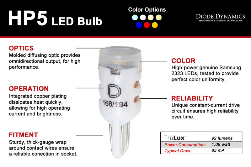 Diode Dynamics 194 LED Bulb HP5 LED - Red Short (Single) Diode Dynamics 194 LED Bulb HP5 LED - Red Short (Single)