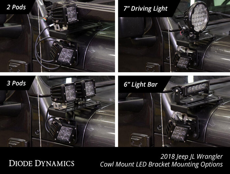 Diode Dynamics 18-21 Jeep JL Wrangler/Gladiator Cowl Mount LED Bracket Kit Diode Dynamics 18-21 Jeep JL Wrangler/Gladiator Cowl Mount LED Bracket Kit