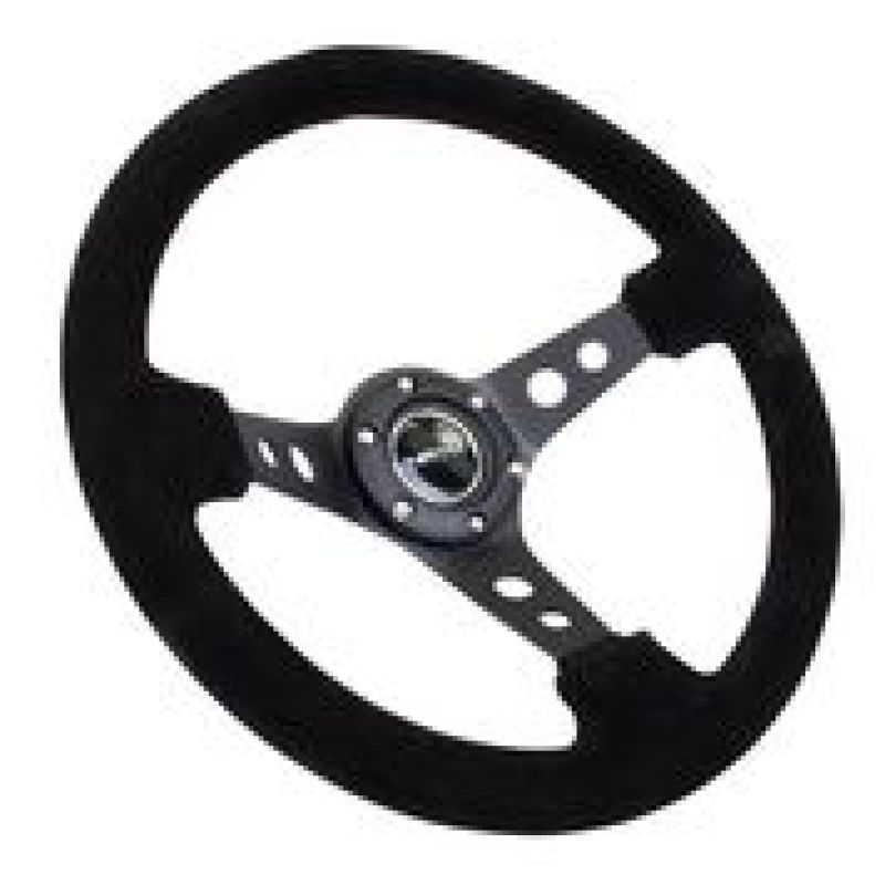 NRG Reinforced Steering Wheel (350mm / 3in. Deep) Blk Suede/Blk Stitch w/Black Circle Cutout Spokes NRG Reinforced Steering Wheel (350mm / 3in. Deep) Blk Suede/Blk Stitch w/Black Circle Cutout Spokes