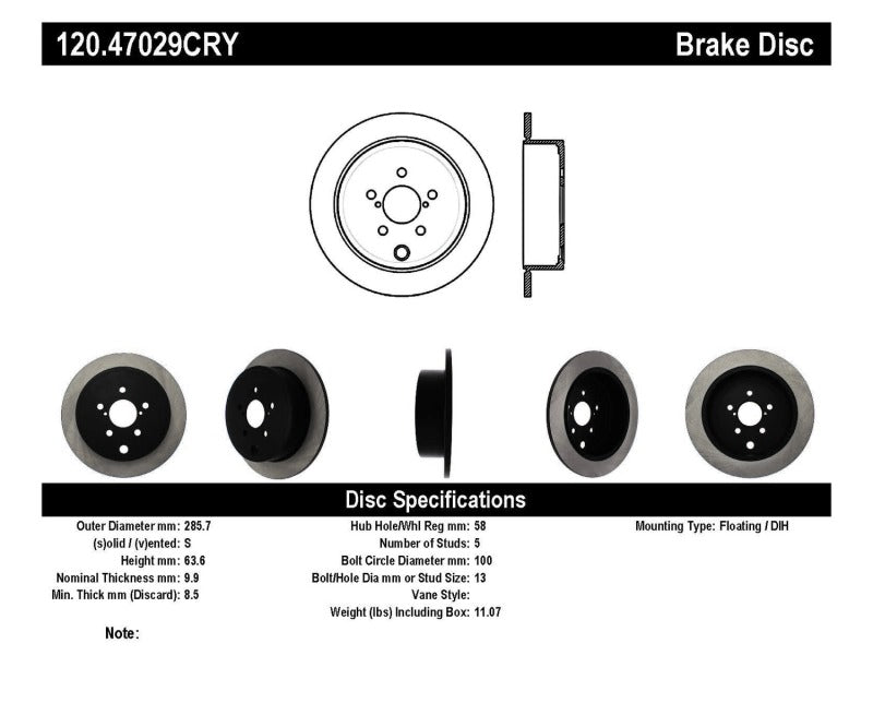 Stoptech 09-10 Subaru Forester / 08-10 Impreza/WRX Rear CRYO-STOP Rotor Stoptech 09-10 Subaru Forester / 08-10 Impreza/WRX Rear CRYO-STOP Rotor