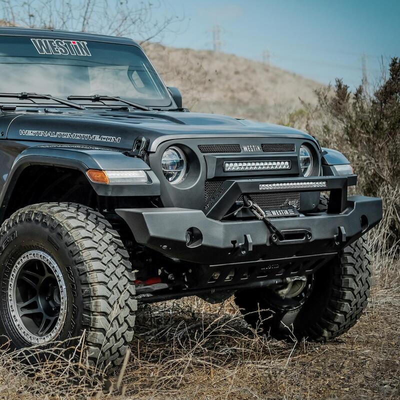 Westin 18-20 Jeep Wrangler WJ2 Full Width Front Bumper w/LED Light Bar Mount Textured Black Westin 18-20 Jeep Wrangler WJ2 Full Width Front Bumper w/LED Light Bar Mount Textured Black
