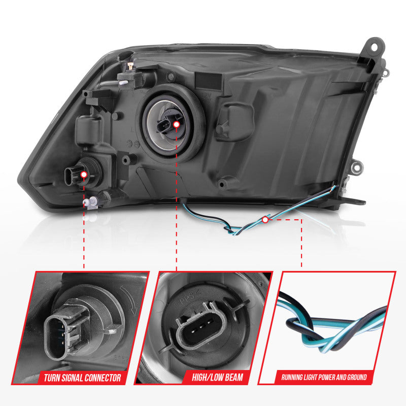 ANZO 2009-2018 Dodge Ram 1500 Crystal Headlights w/ Light Bar Black Housing ANZO 2009-2018 Dodge Ram 1500 Crystal Headlights w/ Light Bar Black Housing