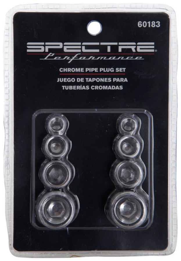Spectre Pipe Plug Kit - Includes (2) 1/8in. / (2) 1/4in. / (2) 3/8in. / (2) 1/2in. Plugs - Chrome Spectre Pipe Plug Kit - Includes (2) 1/8in. / (2) 1/4in. / (2) 3/8in. / (2) 1/2in. Plugs - Chrome