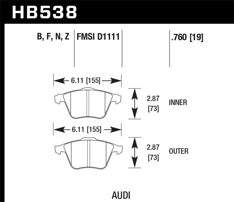 Hawk 09 Audi A4 Cabriolet / 05-07 A4 / 05-09 A4 Quattro / 06-09 A6 / 08 VW R32 HPS Front Brake Pads Hawk 09 Audi A4 Cabriolet / 05-07 A4 / 05-09 A4 Quattro / 06-09 A6 / 08 VW R32 HPS Front Brake Pads