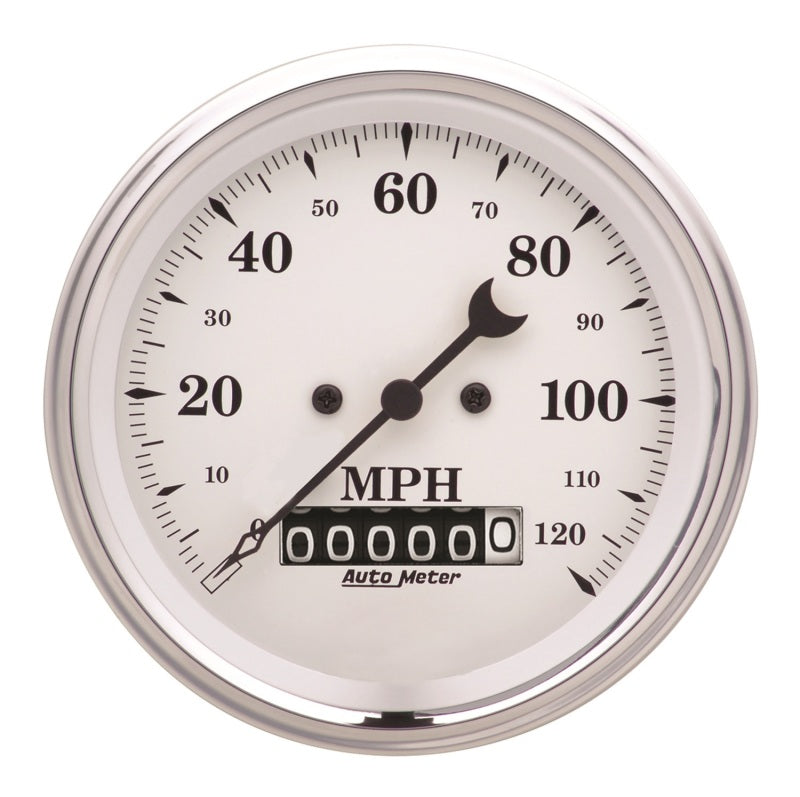 AutoMeter Gauge Speedo. 3-3/8in. 120MPH Elec. Prog. W/ Wheel Odo Old Tyme White AutoMeter Gauge Speedo. 3-3/8in. 120MPH Elec. Prog. W/ Wheel Odo Old Tyme White