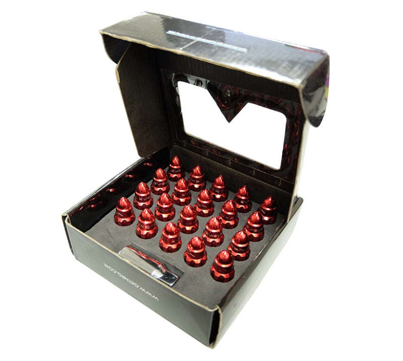 NRG 500 Series M12 X 1.5 Bullet Shape Steel Lug Nut Set - 21 Pc w/Lock Key - Red NRG 500 Series M12 X 1.5 Bullet Shape Steel Lug Nut Set - 21 Pc w/Lock Key - Red