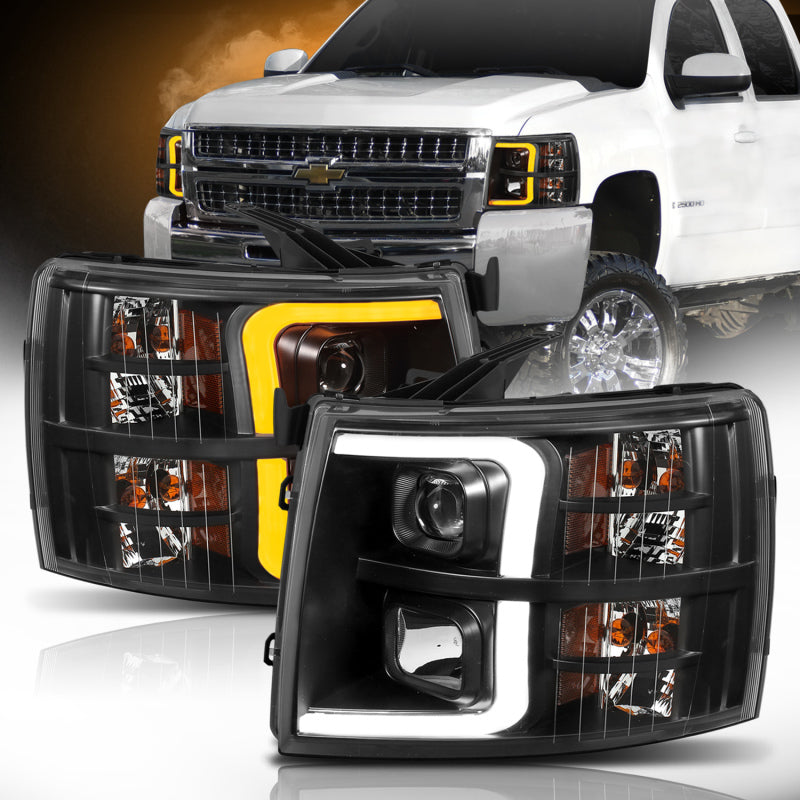 ANZO 07-13 Chevrolet Silverado 1500 Plank Style Projector Headlights Black w/ Amber ANZO 07-13 Chevrolet Silverado 1500 Plank Style Projector Headlights Black w/ Amber