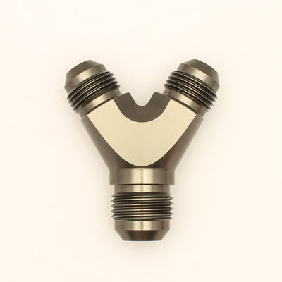 DeatschWerks 8AN Male Flare + 8AN Male Flare to 10AN Male Flare Y Block Fitting