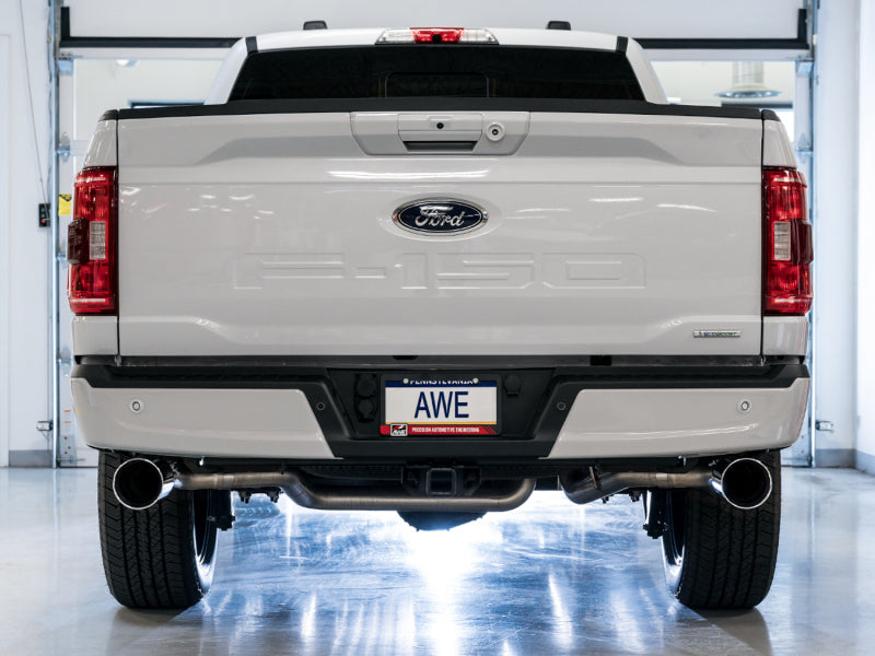 AWE 0FG 21+ Ford F150 Dual Split Rear Exhaust - 5in Chrome Silver Tips AWE 0FG 21+ Ford F150 Dual Split Rear Exhaust - 5in Chrome Silver Tips