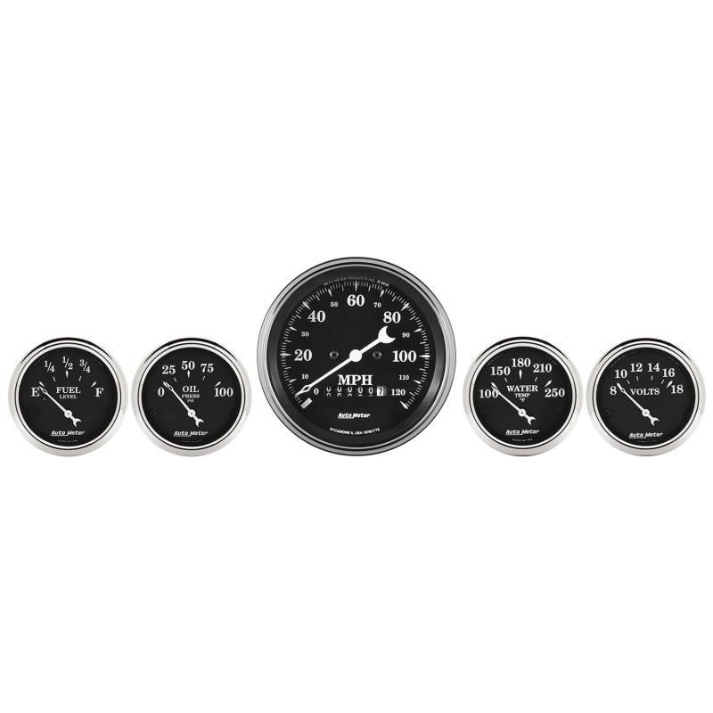 Auto Meter Gauge Kit 5 pc. 3 3/8in & 2 1/16in Elec. Speedometer Old Tyme Black Auto Meter Gauge Kit 5 pc. 3 3/8in & 2 1/16in Elec. Speedometer Old Tyme Black