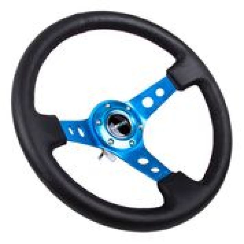 NRG Reinforced Steering Wheel (350mm / 3in. Deep) Blk Leather w/Blue Circle Cutout Spokes NRG Reinforced Steering Wheel (350mm / 3in. Deep) Blk Leather w/Blue Circle Cutout Spokes