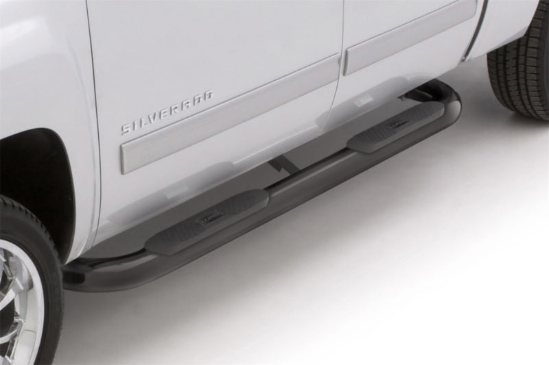 Lund 01-13 Chevy Silverado 1500 Crew Cab (Body Mount) 4in. Oval Curved Steel Nerf Bars - Black Lund 01-13 Chevy Silverado 1500 Crew Cab (Body Mount) 4in. Oval Curved Steel Nerf Bars - Black