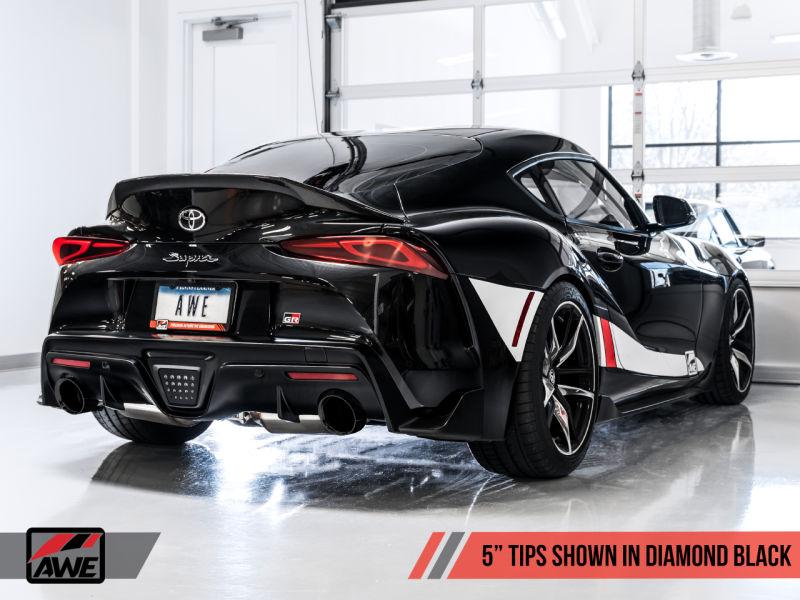 AWE 2020 Toyota Supra A90 Resonated Touring Edition Exhaust - 5in Diamond Black Tips AWE 2020 Toyota Supra A90 Resonated Touring Edition Exhaust - 5in Diamond Black Tips