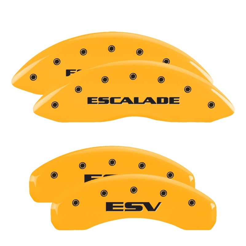 MGP 4 Caliper Covers Engraved Front Escalade Engraved Rear ESV Yellow finish black ch MGP 4 Caliper Covers Engraved Front Escalade Engraved Rear ESV Yellow finish black ch