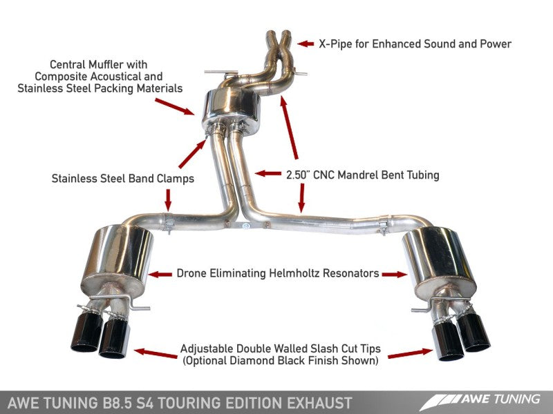 AWE Tuning Audi B8 / B8.5 S4 3.0T Touring Edition Exhaust - Chrome Silver Tips (90mm) AWE Tuning Audi B8 / B8.5 S4 3.0T Touring Edition Exhaust - Chrome Silver Tips (90mm)