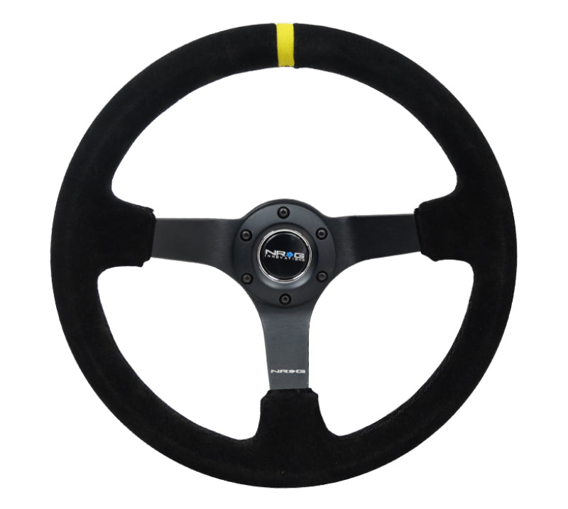 NRG Reinforced Steering Wheel (350mm / 3in. Deep) Blk Suede/X-Stitch w/5mm Blk Spoke & Yellow CM NRG Reinforced Steering Wheel (350mm / 3in. Deep) Blk Suede/X-Stitch w/5mm Blk Spoke & Yellow CM