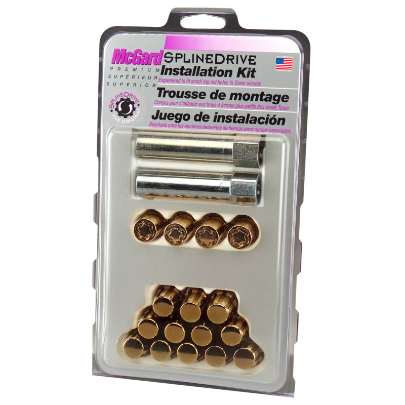 McGard SplineDrive Tuner 4 Lug Install Kit w/Locks & Tool (Cone) M12x1.5 / 13/16 Hex - Gold (CS) McGard SplineDrive Tuner 4 Lug Install Kit w/Locks & Tool (Cone) M12x1.5 / 13/16 Hex - Gold (CS)