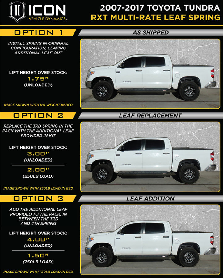 ICON 2007+ Toyota Tundra Multi Rate RXT Leaf Pack w/Add In Leaf ICON 2007+ Toyota Tundra Multi Rate RXT Leaf Pack w/Add In Leaf
