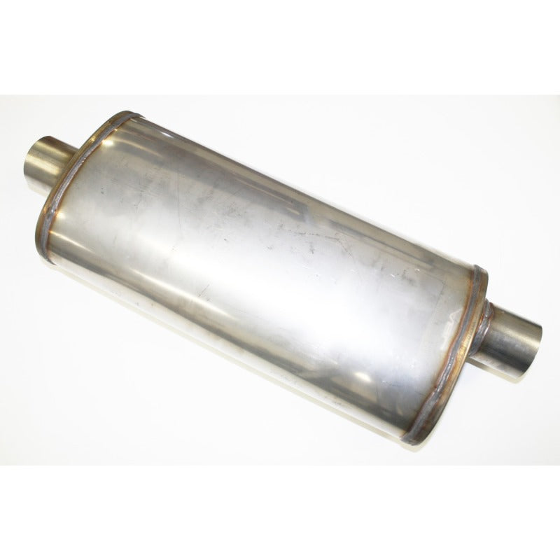 JBA Universal Straight-Through Style 304SS Muffler 18x8x5 2.5in Inlet Diameter Offset/Center JBA Universal Straight-Through Style 304SS Muffler 18x8x5 2.5in Inlet Diameter Offset/Center