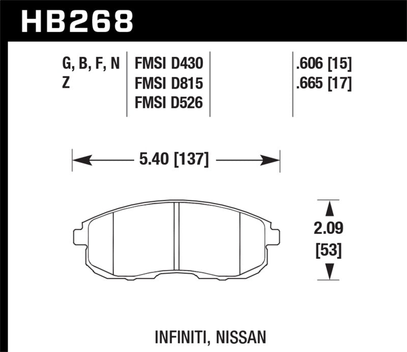 Hawk 03-04 G35/03-05 G35X/ 02-05 350z w/o Brembo HP+ Street Front Brake Pads Hawk 03-04 G35/03-05 G35X/ 02-05 350z w/o Brembo HP+ Street Front Brake Pads