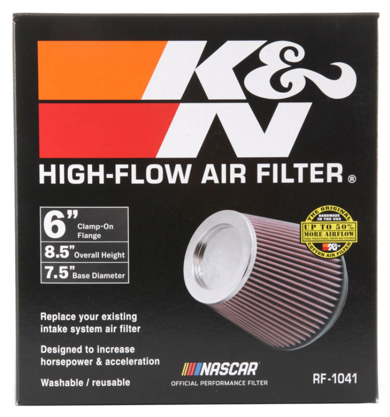 K&N Round Tapered Universal Air Filter 6 inch Flange 7 1/2 inch Base 5 inch Top 7 1/2 inch Height K&N Round Tapered Universal Air Filter 6 inch Flange 7 1/2 inch Base 5 inch Top 7 1/2 inch Height
