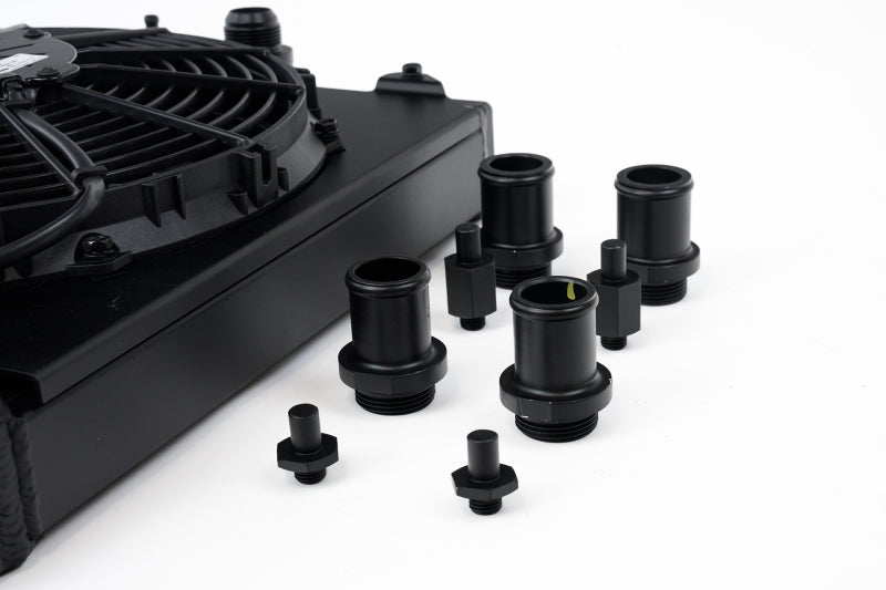 CSF Universal Half Radiator w/-16AN & Slip-On Fittings/12in SPAL Fan & Shroud - Black Finish CSF Universal Half Radiator w/-16AN & Slip-On Fittings/12in SPAL Fan & Shroud - Black Finish