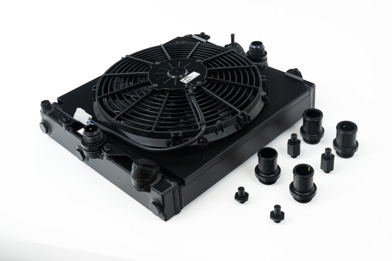 CSF Universal Half Radiator w/-16AN & Slip-On Fittings/12in SPAL Fan & Shroud - Black Finish CSF Universal Half Radiator w/-16AN & Slip-On Fittings/12in SPAL Fan & Shroud - Black Finish