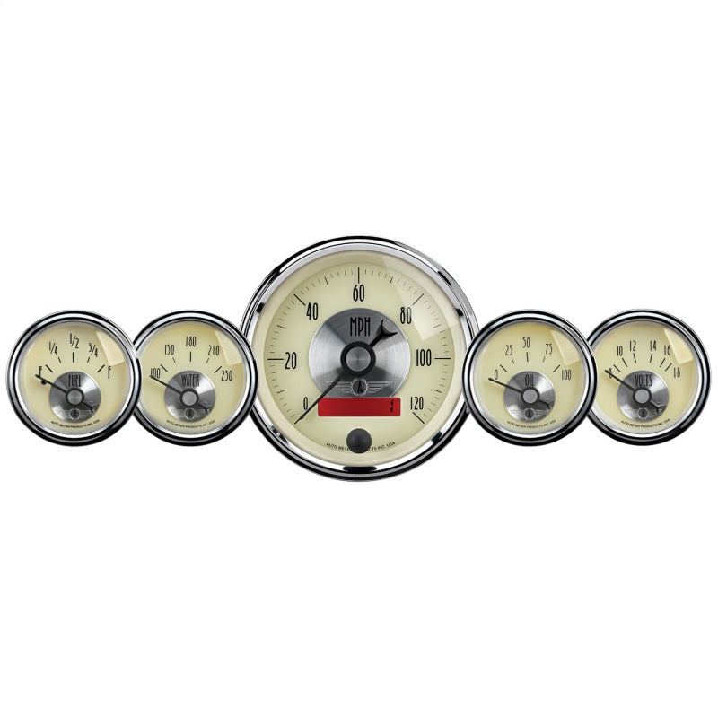 AutoMeter Gauge Kit 5 Pc. 3-3/8in. & 2-1/16in. Elec. Speedo W/Lcd Odo Prestige Antq. Ivory AutoMeter Gauge Kit 5 Pc. 3-3/8in. & 2-1/16in. Elec. Speedo W/Lcd Odo Prestige Antq. Ivory