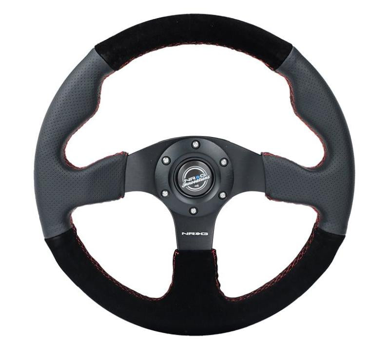 NRG Reinforced Steering Wheel (320mm/ 2.5in. Deep) Sport Leather / Suede w/ Red Stitch NRG Reinforced Steering Wheel (320mm/ 2.5in. Deep) Sport Leather / Suede w/ Red Stitch