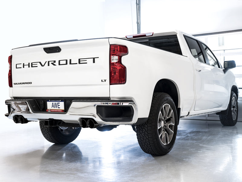AWE Tuning 4th Gen GM 1500 6.2L 0FG Catback Split Rear Exit (w/ Bumper Cutouts) - Quad Diamond Tips AWE Tuning 4th Gen GM 1500 6.2L 0FG Catback Split Rear Exit (w/ Bumper Cutouts) - Quad Diamond Tips