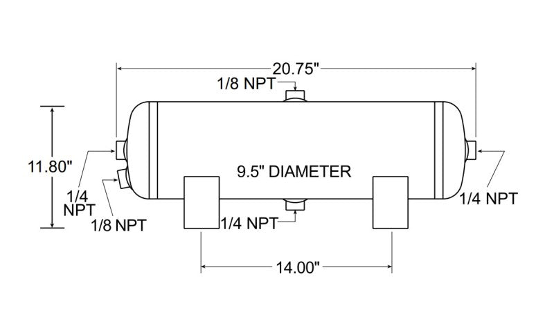 Firestone Air Tank 5 Gallon 9.5in. x 20.75in. (4) 1/4in. NPT Ports 150 PSI - Black (WR17609246) Firestone Air Tank 5 Gallon 9.5in. x 20.75in. (4) 1/4in. NPT Ports 150 PSI - Black (WR17609246)