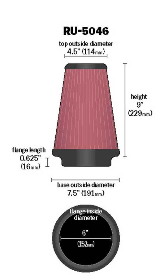 K&N Universal Clamp-On Air Filter 6in FLG / 7-1/2in B / 4-1/2in T / 9in H K&N Universal Clamp-On Air Filter 6in FLG / 7-1/2in B / 4-1/2in T / 9in H
