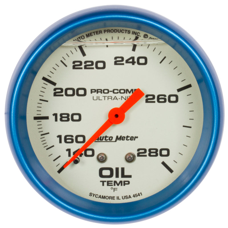 AutoMeter Gauge Oil Temp 2-5/8in. 140-280 Deg. F Liquid Filled Mech Glow In Dark Ultra-Nite AutoMeter Gauge Oil Temp 2-5/8in. 140-280 Deg. F Liquid Filled Mech Glow In Dark Ultra-Nite