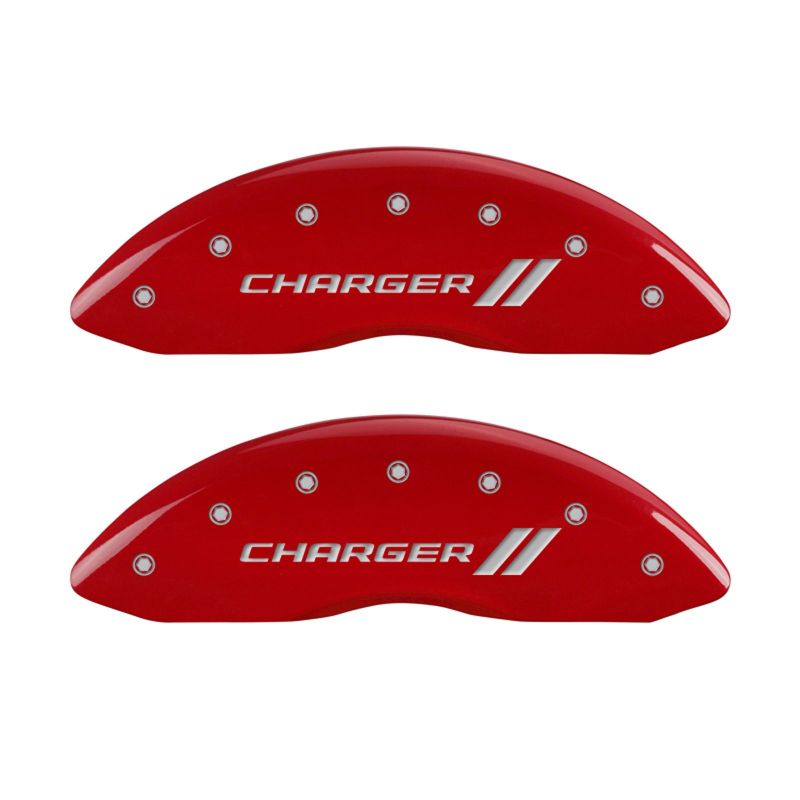 MGP 4 Caliper Covers Engraved Front & Rear With stripes/Charger Red finish silver ch MGP 4 Caliper Covers Engraved Front & Rear With stripes/Charger Red finish silver ch