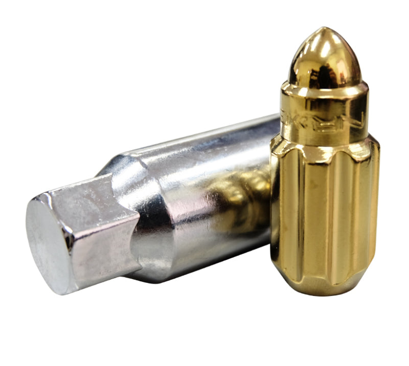 NRG 500 Series M12 X 1.5 Bullet Shape Steel Lug Nut Set - 21 Pc w/Lock Key - Chrome Gold NRG 500 Series M12 X 1.5 Bullet Shape Steel Lug Nut Set - 21 Pc w/Lock Key - Chrome Gold