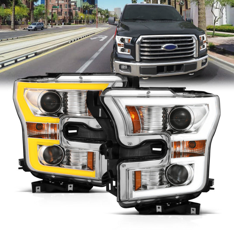 ANZO 2015-2017 Ford F-150 Projector Headlights w/ Plank Style Switchback Chrome w/ Amber ANZO 2015-2017 Ford F-150 Projector Headlights w/ Plank Style Switchback Chrome w/ Amber