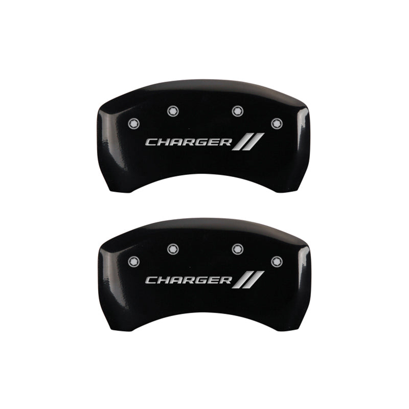 MGP 4 Caliper Covers Engraved Front & Rear With stripes/Charger Black finish silver ch MGP 4 Caliper Covers Engraved Front & Rear With stripes/Charger Black finish silver ch