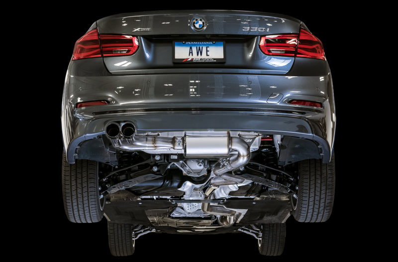AWE Tuning BMW F3X 28i / 30i Touring Edition Axle-Back Exhaust Single Side - 80mm Silver Tips AWE Tuning BMW F3X 28i / 30i Touring Edition Axle-Back Exhaust Single Side - 80mm Silver Tips