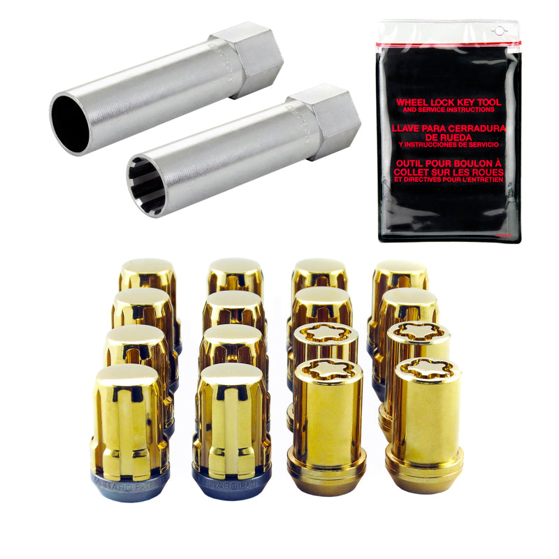 McGard SplineDrive Tuner 4 Lug Install Kit w/Locks & Tool (Cone) M12X1.25 / 13/16 Hex - Gold McGard SplineDrive Tuner 4 Lug Install Kit w/Locks & Tool (Cone) M12X1.25 / 13/16 Hex - Gold