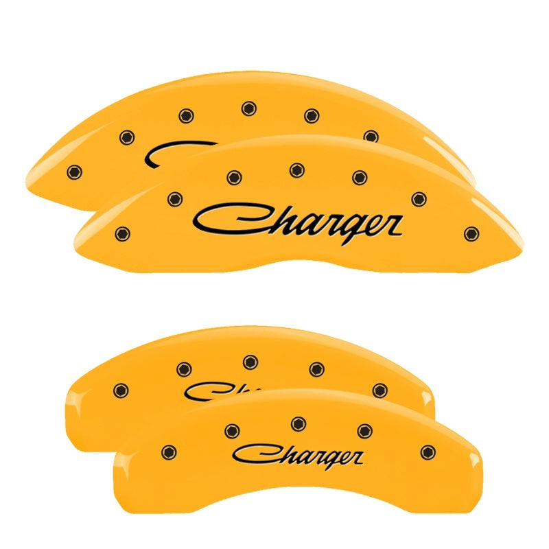 MGP 4 Caliper Covers Engraved Front & Rear Cursive/Charger Yellow finish black ch MGP 4 Caliper Covers Engraved Front & Rear Cursive/Charger Yellow finish black ch