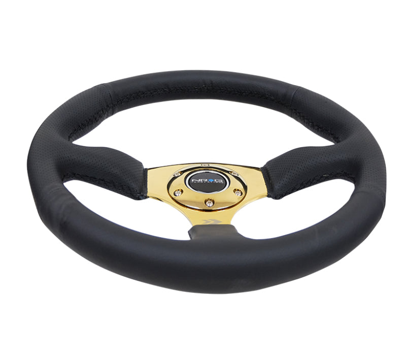 NRG Reinforced Steering Wheel (350mm / 2.5in. Deep) Leather Race Comfort Grip w/4mm Gold Spokes NRG Reinforced Steering Wheel (350mm / 2.5in. Deep) Leather Race Comfort Grip w/4mm Gold Spokes
