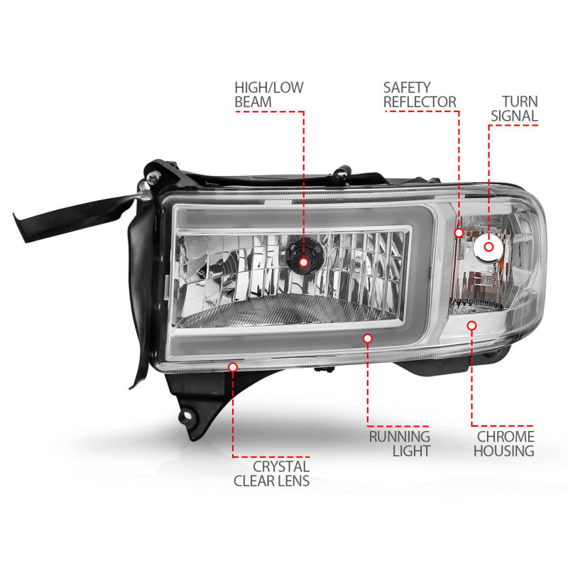ANZO 94-02 Dodge RAM Crystal Headlight - w/ Light Bar Chrome Housing ANZO 94-02 Dodge RAM Crystal Headlight - w/ Light Bar Chrome Housing