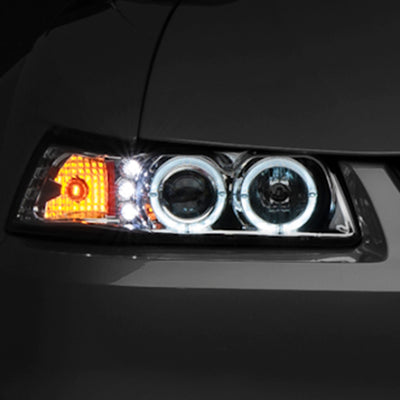 Raxiom 99-04 Ford Mustang Dual LED Halo Projector Headlights- Chrome Housing (Clear Lens)