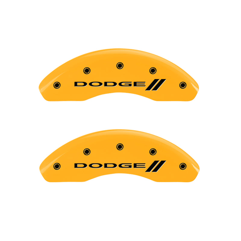 MGP 4 Caliper Covers Engraved Front & Rear With stripes/Dodge Yellow finish black ch MGP 4 Caliper Covers Engraved Front & Rear With stripes/Dodge Yellow finish black ch