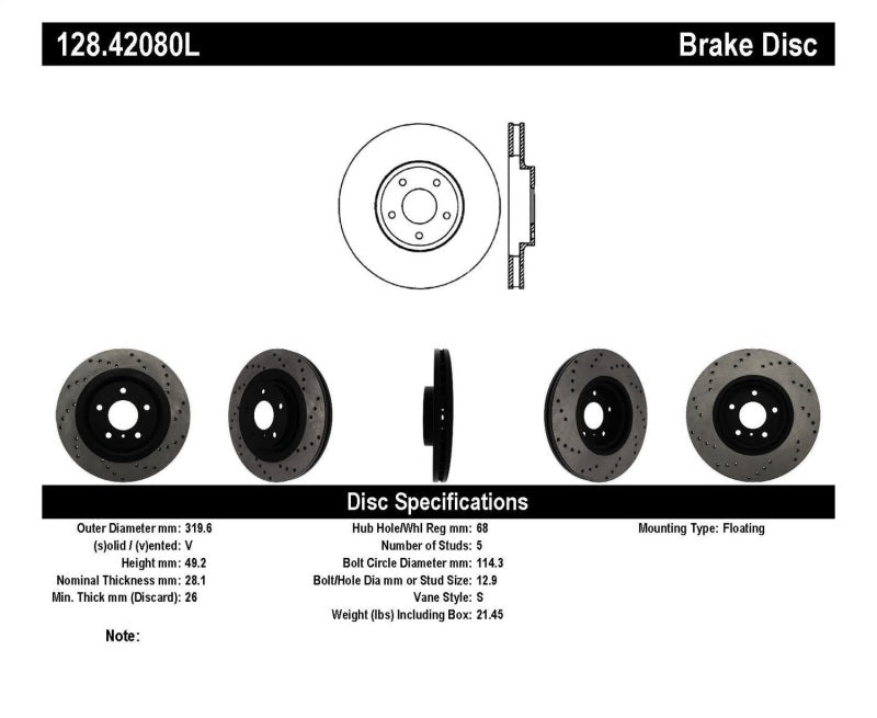 StopTech 08-09 Infiniti EX35 / 05-08 G35 / 09 G37 / 06-09 M35/M45 Drilled Left Front Rotor StopTech 08-09 Infiniti EX35 / 05-08 G35 / 09 G37 / 06-09 M35/M45 Drilled Left Front Rotor