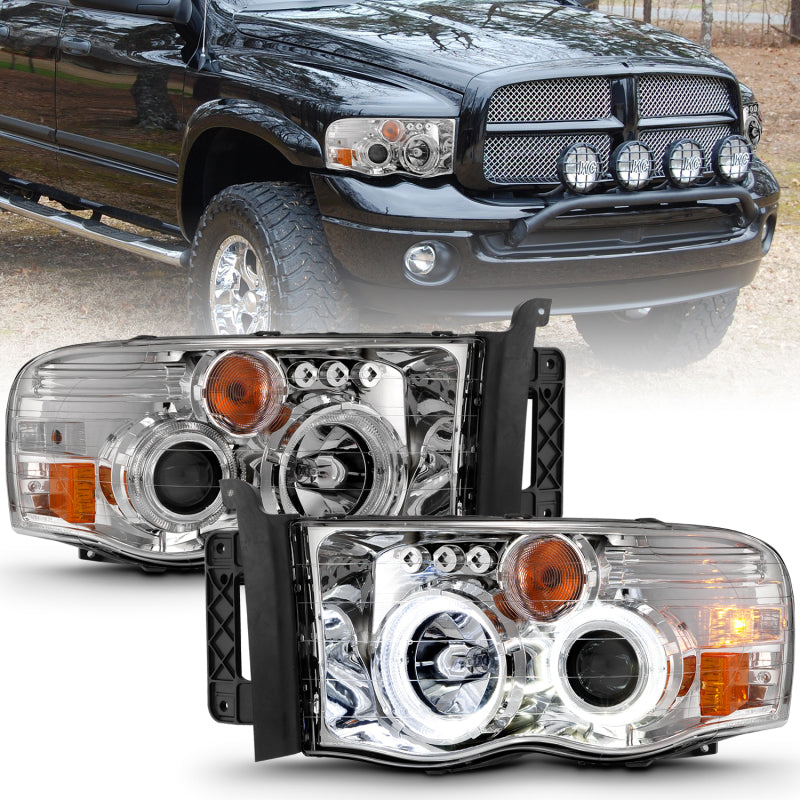 ANZO 2002-2005 Dodge Ram 1500 Projector Headlights w/ Halo Chrome Clear Amber ANZO 2002-2005 Dodge Ram 1500 Projector Headlights w/ Halo Chrome Clear Amber